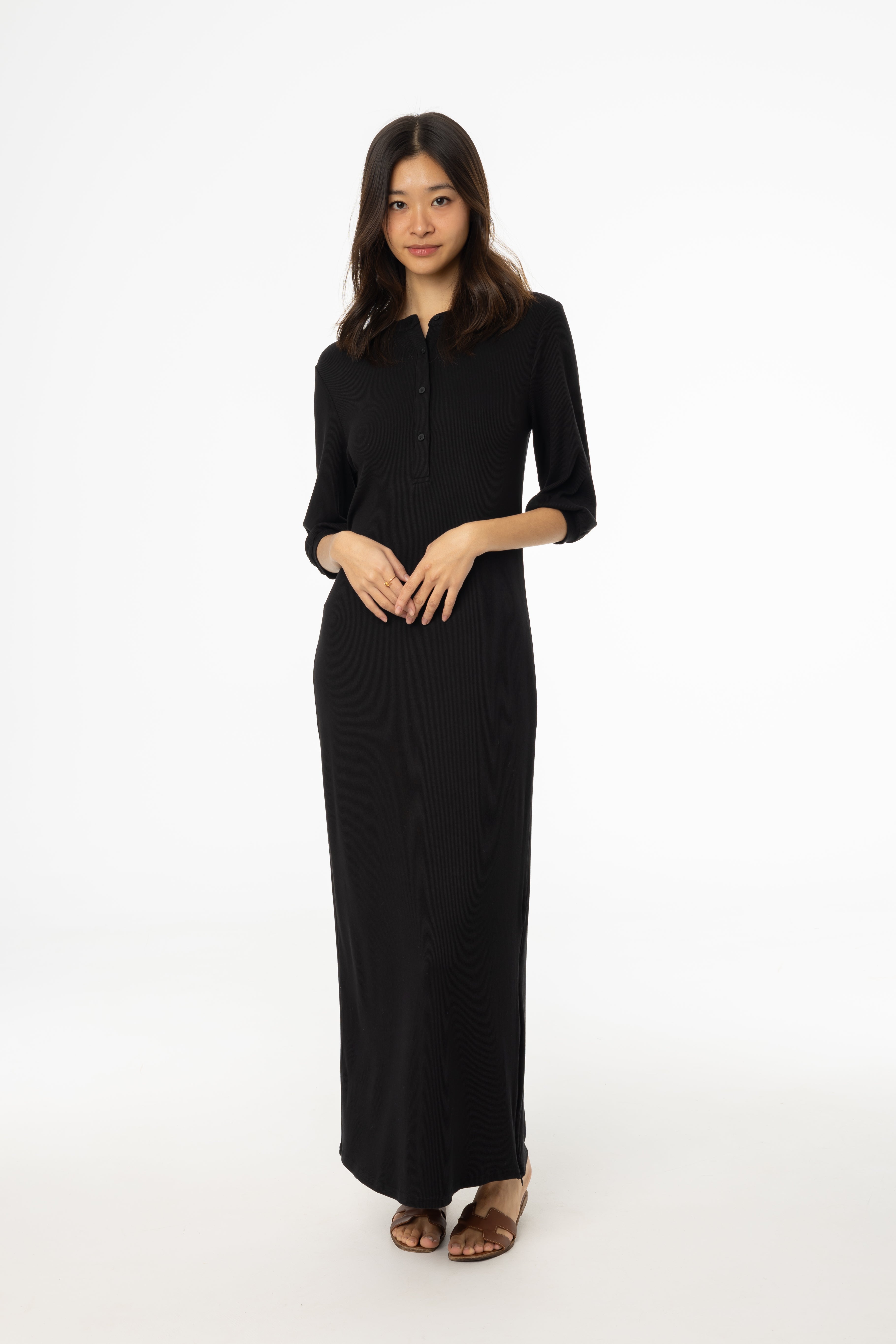 Women Black Striped Maxi Dress With Three Quarter Sleeves
