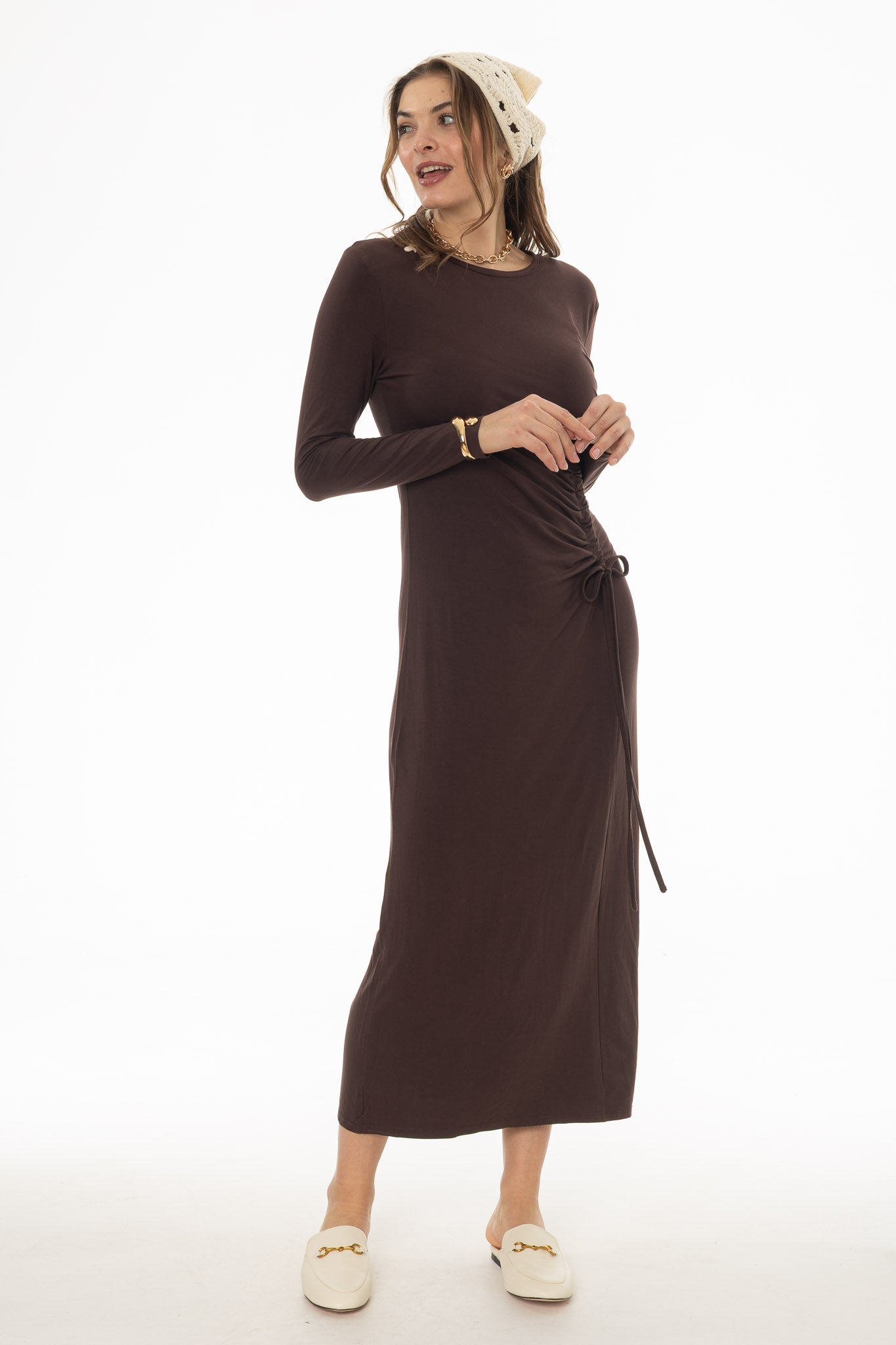brown ruched maxi dress Side – BLANK Why Its Special:breathable Elevate with strappy heels Color:SILVER BLUE Black Label by Evan-Picone