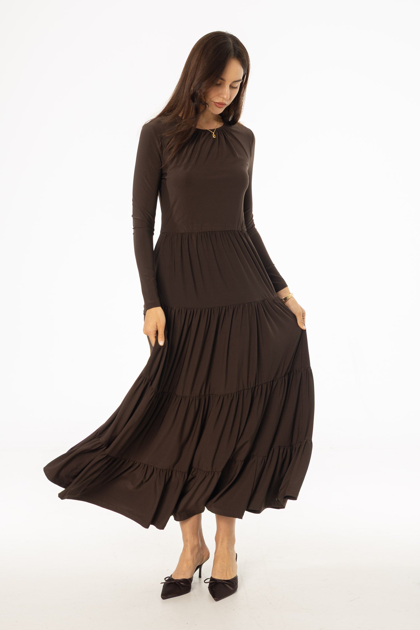 blue dress for baby girl Alana Tiered Dress in Matte Satin | Color - Brown / S main image 1