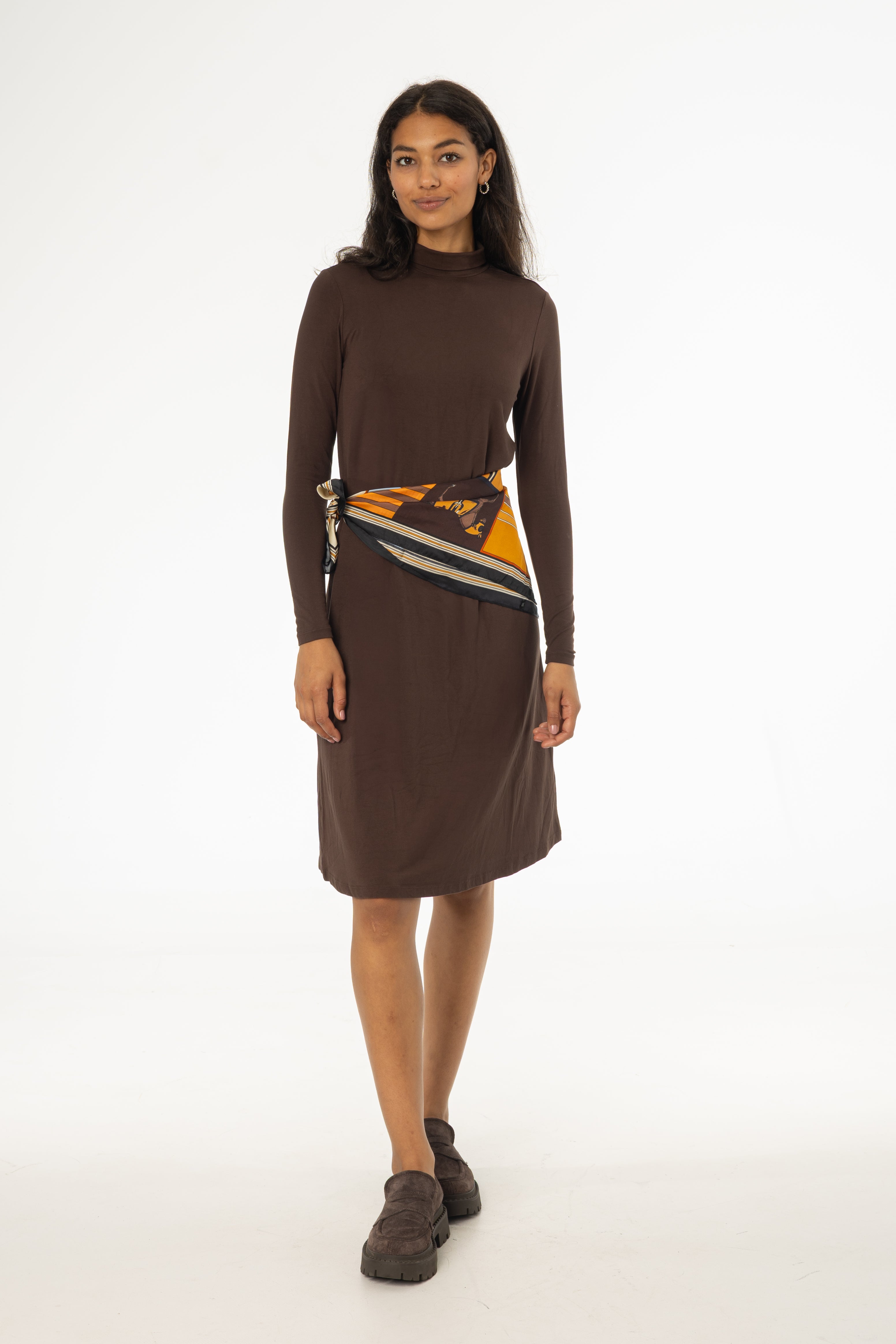 brown turtleneck dress Brown Turtleneck Swing Dress – BLANK