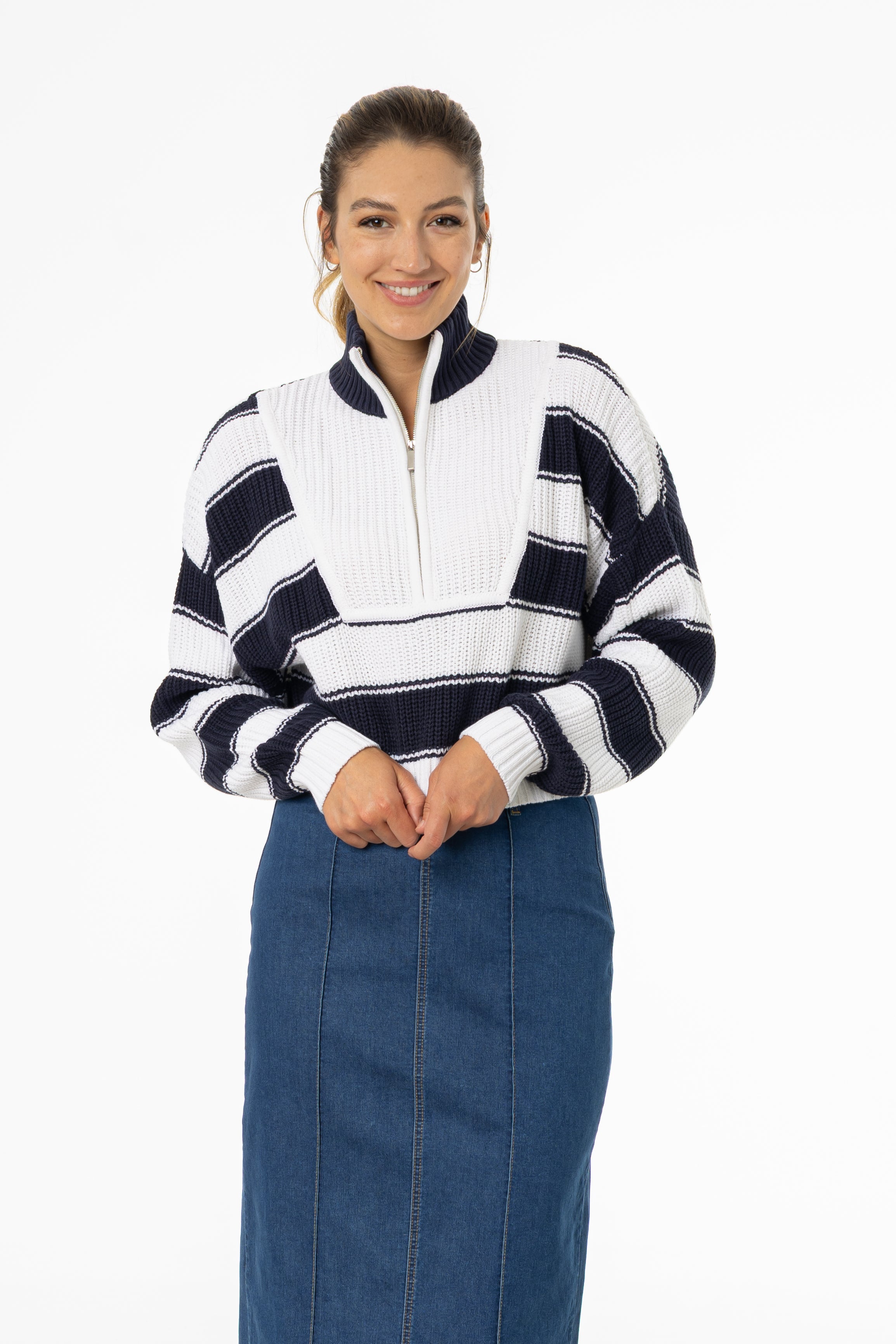 Navy Striped Quarter Zip Sweater Top – BLANK