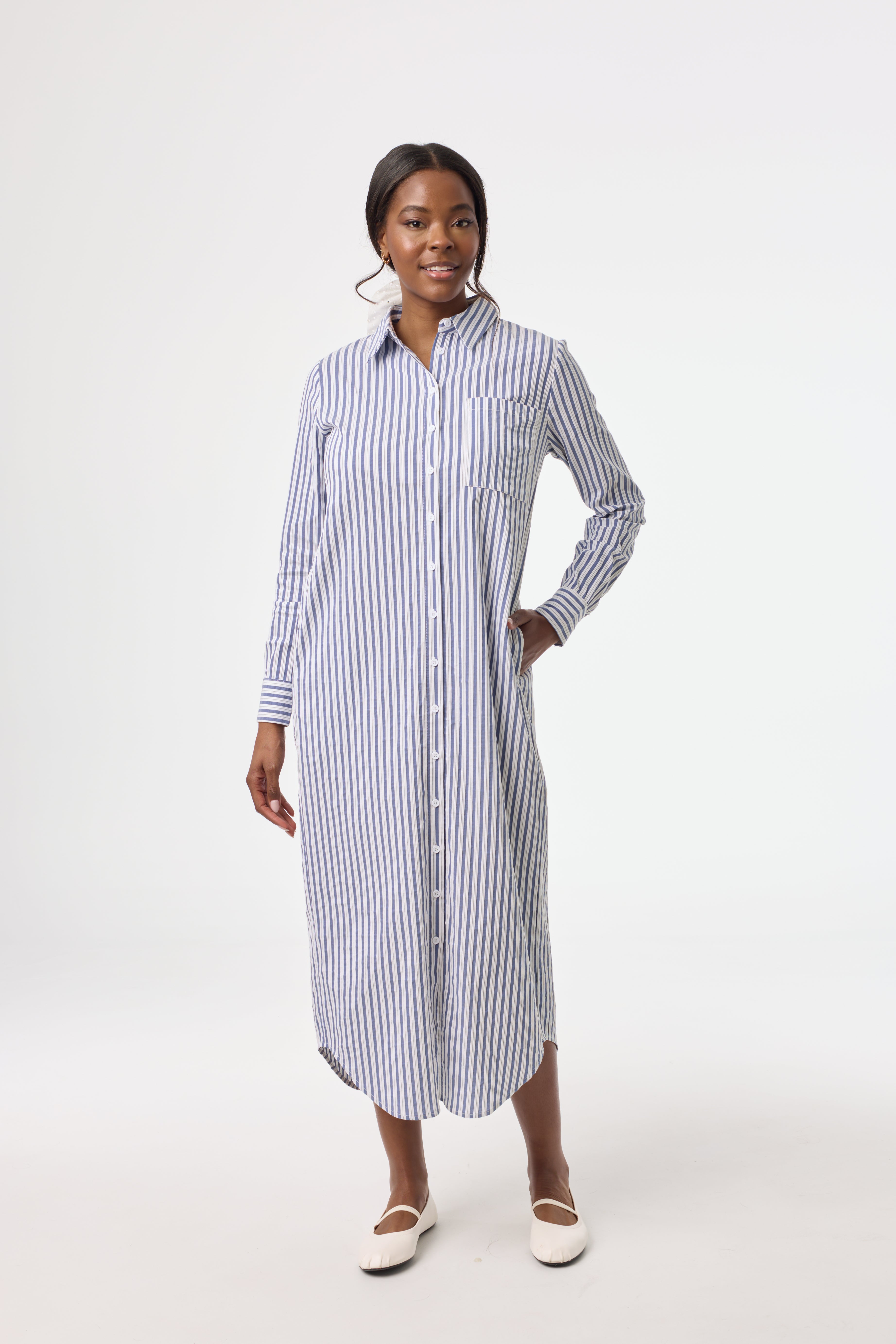 Blue Striped Stretch Maxi Shirt Dress – BLANK