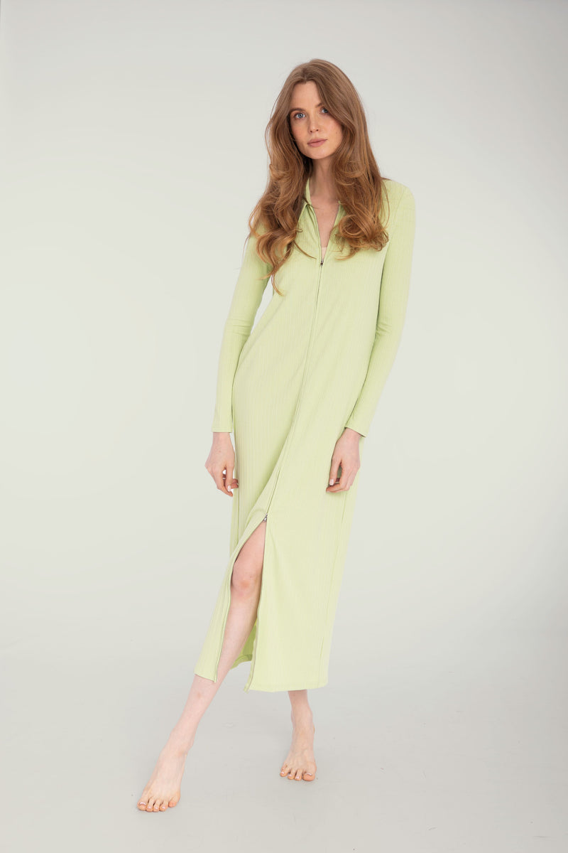 Lime Double Ribbed Zipper Dress