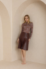 Maroon Pleated Leather Skirt