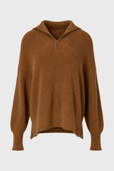 Camel Ribbed Knit Quarter Zip Sweater