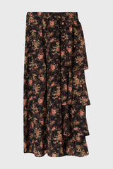 Black Multi Print Side Ruffle Maxi Skirt