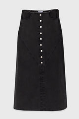 Black Fringe Button Denim Maxi Skirt