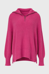 Pink Ribbed Knit Quarter Zip Sweater