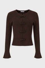 Brown Ribbon Trim Knit Cardigan