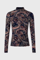 Blue Paisley Printed Mock Neck Top