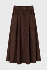 Brown Microsuede Flared Maxi Skirt