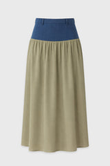 Olive Denim Combo Maxi Skirt