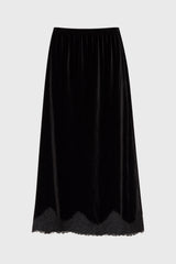 Black Lace Trim Velvet Maxi Skirt