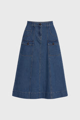 Blue Button Pocket Denim Maxi Skirt