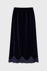 Navy Lace Trim Velvet Maxi Skirt