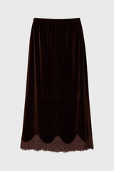 Brown Lace Trim Velvet Maxi Skirt