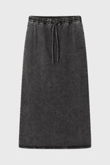 Black Drawstring Stretch Denim Maxi Skirt