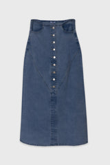 Blue Fringe Button Denim Maxi Skirt