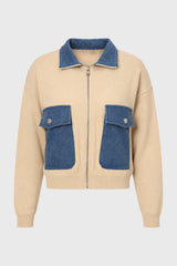 Cream Combo Zip Up Sweater