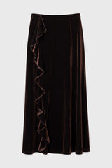Brown Ruffle Velvet Maxi Skirt