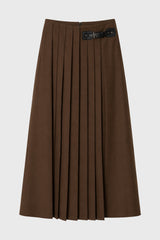 Brown Buckle Pleated Maxi Skirt