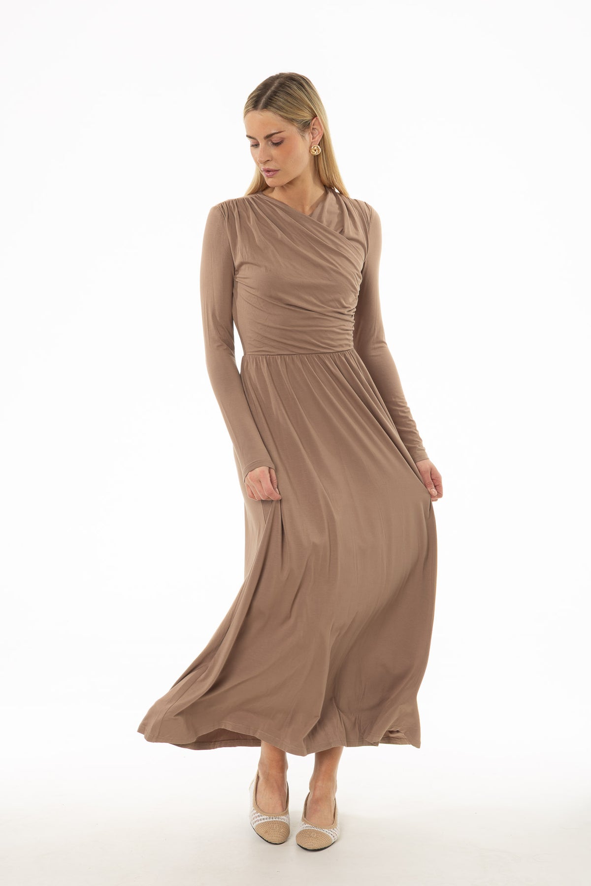 Mocha Crossover Draped Maxi Dress – BLANK