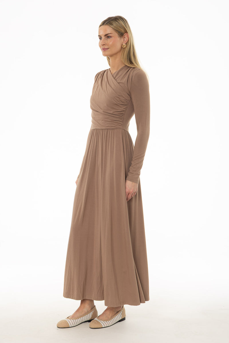 Mocha Crossover Draped Maxi Dress – BLANK