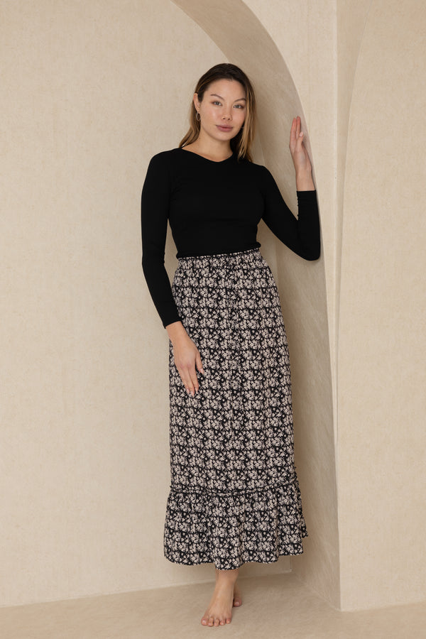 Black Floral Drawstring Ruffle Maxi Skirt
