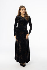 Black & Brown Printed Velour Wrap Dress