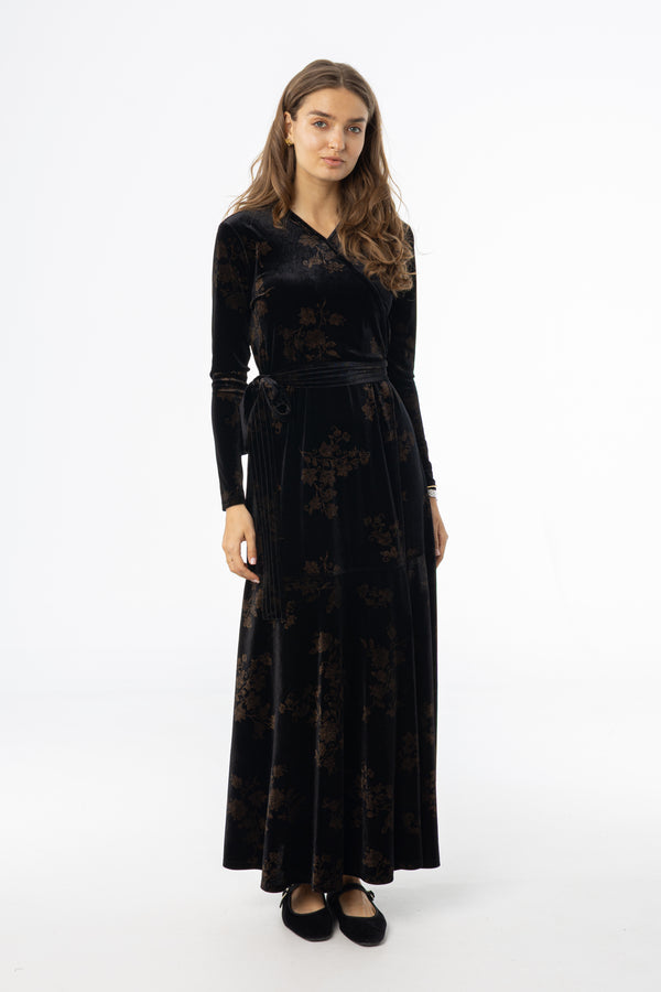 Black & Brown Printed Velour Wrap Dress