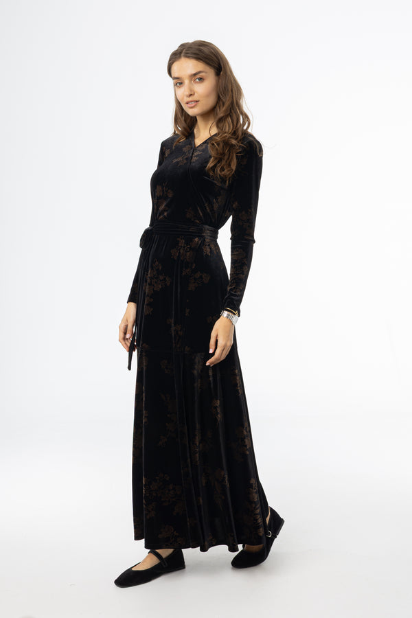 Black & Brown Printed Velour Wrap Dress