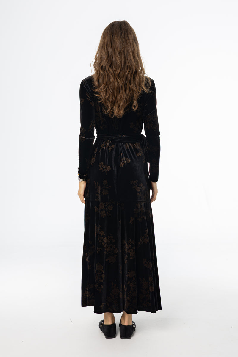 Black & Brown Printed Velour Wrap Dress