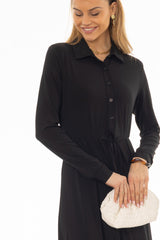 Black Slinky Button Tie Maxi Dress