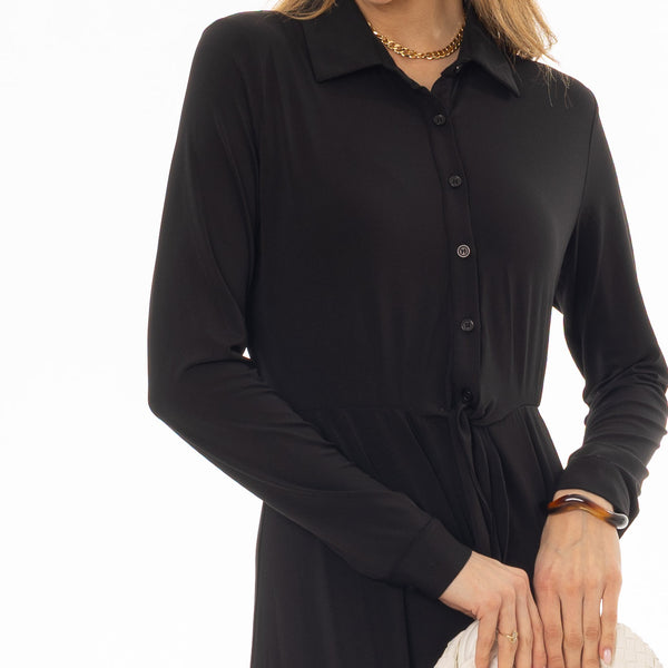 black slinky ruched button down midi shirt dress Black Ruched Slinky Button Down Shirt Dress