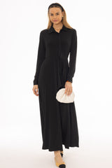 Black Slinky Button Tie Maxi Dress