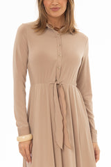Tan Slinky Button Tie Maxi Dress