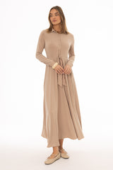 Tan Slinky Button Tie Maxi Dress