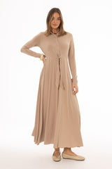 Tan Slinky Button Tie Maxi Dress