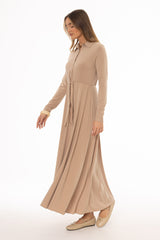 Tan Slinky Button Tie Maxi Dress
