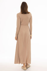 Tan Slinky Button Tie Maxi Dress