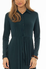 Teal Slinky Button Tie Maxi Dress