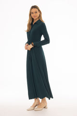 Teal Slinky Button Tie Maxi Dress