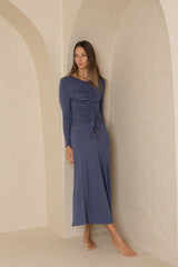 Blue Long Sleeve Ruched Maxi