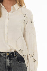 Oatmeal Embroidered Linen Feel Blouse