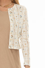 Tan Pointelle Printed Knit Cardigan