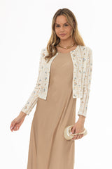 Tan Pointelle Printed Knit Cardigan