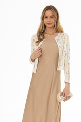 Tan Pointelle Printed Knit Cardigan