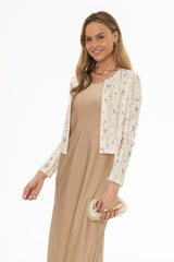Tan Pointelle Printed Knit Cardigan