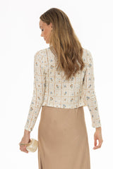 Tan Pointelle Printed Knit Cardigan
