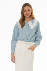 Light Blue Eyelet Collar Denim Blouse